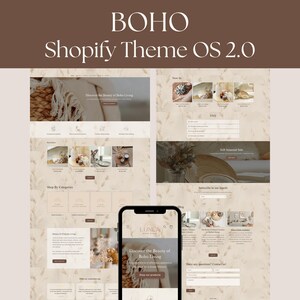 Könnte beinhalten: Eine digitale Darstellung eines Shopify-Website-Themes mit dem Titel BOHO Shopify Theme OS 2.0. Das Layout zeigt eine neutrale beige Farbpalette mit einem dezenten Trockengrasmuster, Produktkategorien, Blog-Bereiche und eine Mobilansicht.