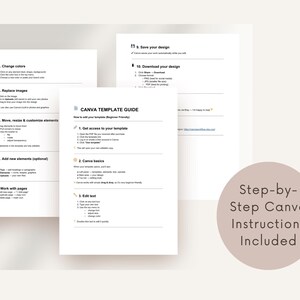 K&ouml;nnte beinhalten: Eine wei&szlig;e Canva-Vorlagenanleitung mit schwarzem Text, die Schritt-f&uuml;r-Schritt-Anweisungen zur Bearbeitung enth&auml;lt, einschlie&szlig;lich Abschnitten zum Zugriff auf Vorlagen, Grundlagen, Text&auml;nderungen, Farbanpassungen, Bildersatz und Dateidownloads.