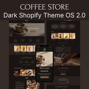 Donker thema voor Shopify OS 2.0 voor een koffiezaak, elegante bruine websitetemplate voor een café- en koffiebranderijwebshop, gratis installatie en configuratie.
