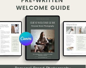Persönlicher Brand Photography Klient Willkommens-Handbuch, Vorgeschriebene bearbeitbare Canva-Vorlage, Style Guide, Einarbeitungspaket für Fotografen