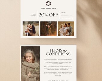 Fotografie Geschenkgutschein, bearbeitbare Canva-Vorlage, minimalistischer eleganter Gutschein für Fotografenkunden, Geschenkkarte für Fotosessions