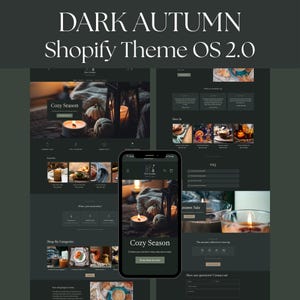 Könnte beinhalten: Eine digitale Darstellung des Dark Autumn Shopify Theme OS 2.0, mit einem dunkel gestalteten Website-Layout, das Bilder von Kerzen, Kürbissen und Dekoration zeigt. Das Design umfasst eine mobile Ansicht, Produktraster und einen Countdown-Timer.
