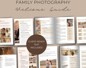 Family Photography Client Welcome Guide, Pre-Written Canva Template, Family Session Price and Style Prep Guide, Client Onboarding Packet
