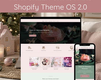 Pink Green Christmas Shopify Theme OS 2.0, Girly Website Template for Feminine Boutiques, Vintage Pretty Xmas Design for Online Shop