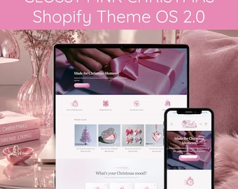 Y2K Pink Christmas Shopify Theme OS 2.0, Glossy Holidays Website Template for Xmas Online Store, Layout For Girly Sparkle Holiday Shop