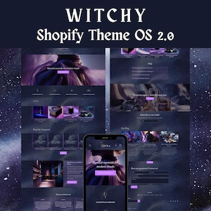 May include: A digital display of the Witchy Shopify Theme OS 2.0, featuring a dark purple and blue celestial-themed website layout. The interface includes product categories, blog sections, and a mobile view of the Astra brand website.
