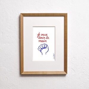 French Romance Art Print – Je veux tenir ta main, Red and Blue Illustration