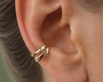 Pendiente de oreja de doble capa sin perforación, clip de oro de 18 quilates, joyería minimalista para el día a día, regalo para mamá.