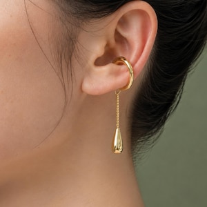 Ear Cuff, No Piercing Ear Cuff, Teardrop Ear Clips, Elegant Ear Cuff, 18K Plated Gold Earring, Earring with Chain, Birthday Gift for Her