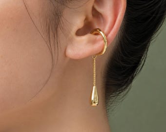 Ear Cuff, No Piercing Ear Cuff, Teardrop Ear Clips, Elegant Ear Cuff, 18K Plated Gold Earring, Earring with Chain, Birthday Gift for Her