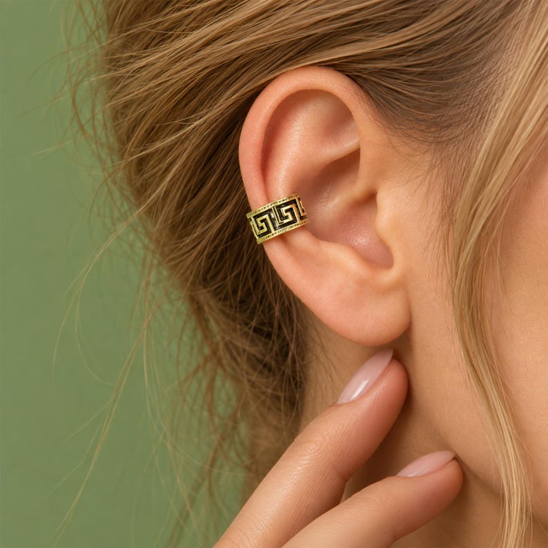 Vintage Greek Key Ear Cuff, Unisex Gold Silver No Piercing Ear Cuff ...