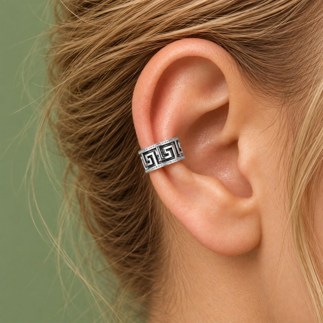 Vintage Greek Key Ear Cuff, Unisex Gold Silver No Piercing Ear Cuff ...