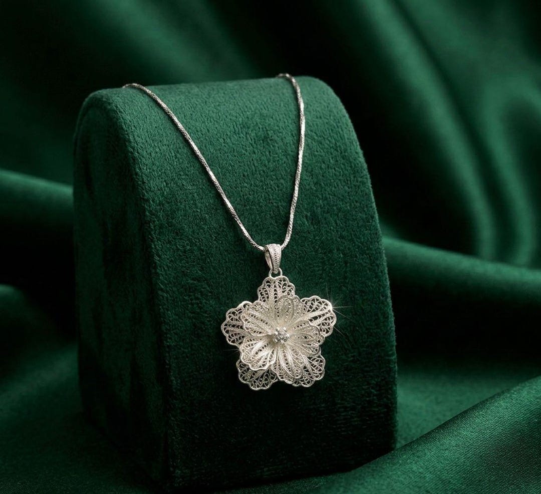 925 Sterling Silver Filigree Flower Pendant Necklace, Minimalist Floral ...