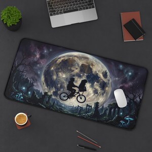 Retro Sci-Fi Moon Flight Desk Mat - Classic Movie E.T. Inspired Art XL Gaming Mouse Pad - Moonlit Silhouette Large Gamer Playmat