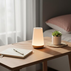 May include: A contemporary table lamp with a conical white shade and a wooden base, emitting a warm glow. A small succulent in a white pot rests on a woven mat beside the lamp. A notebook and pen are on the wooden table.