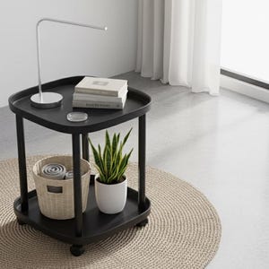 Pode incluir: Uma mesa lateral preta de dois níveis com um design moderno. A prateleira superior contém livros, um prato transparente e uma lâmpada de mesa prateada. A prateleira inferior apresenta uma cesta tecida e uma planta em vaso. A mesa está sobre um tapete bege redondo.