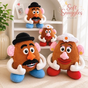 May include: Four plush potato-shaped toys with brown bodies, white arms, and pink ears. Two feature black hats and blue feet, while two feature white hats with flowers and red feet. They have plastic-style facial features and wide smiles.