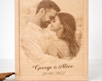 Personalised Engraved Photo on wood with Text and frame- Wedding, couple, Family Portrait, Custom Wall Art decor gift..