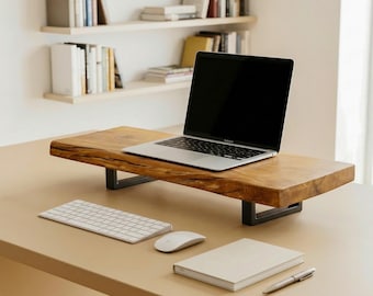 Live Edge Desk Shelf – Solid Oak or Ash Wood Monitor Stand, Ready to Use
