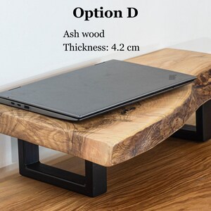 Solid ash wood desk shelf with live edge texture, monitor stand designed for gamers, programmers and home office workspaces.