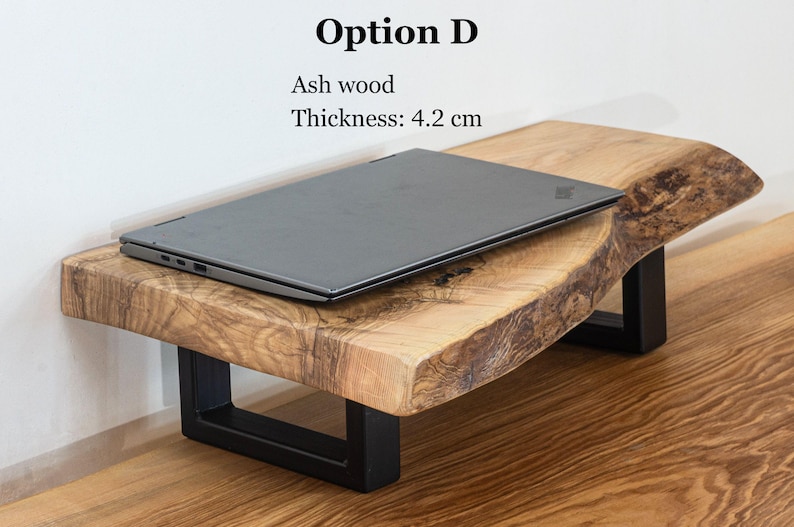 Solid ash wood desk shelf with live edge texture, monitor stand designed for gamers, programmers and home office workspaces.