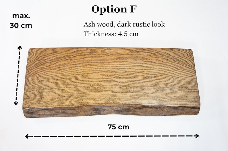 Rustic live edge monitor riser made from solid ash wood, wooden desk shelf that elevates monitors and provides extra space for keyboard storage underneath.