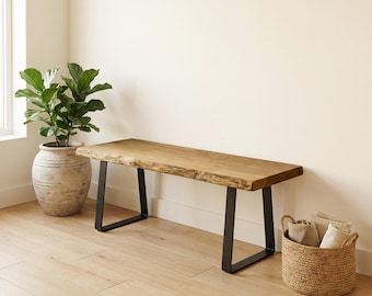 Live Edge Bench, Solid Wood Rustic Seating with U shaped or Hairpin Legs