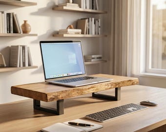 Solid Live Edge Monitor Stand, Rustic Oak and Ash Wood Desk Shelf, Ready to use