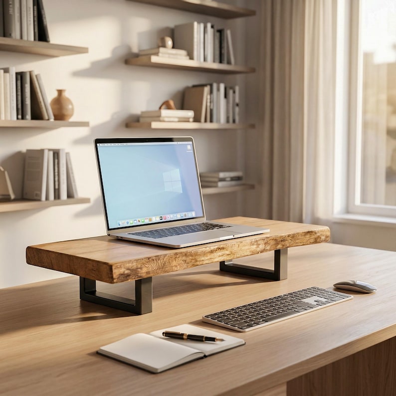 Natural ash wood monitor riser with live edge detail, solid wood desk shelf for laptop or monitor, minimalist home office accessory for modern workspace organization.