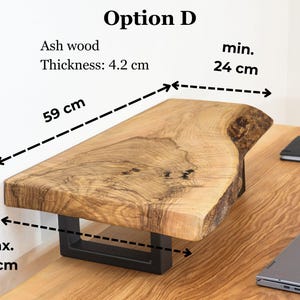 Live edge wooden monitor stand crafted from natural ash wood, rustic desk shelf designed for clean workspace organization and ergonomic monitor height.