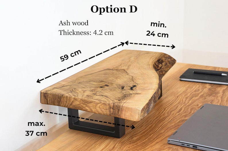 Live edge wooden monitor stand crafted from natural ash wood, rustic desk shelf designed for clean workspace organization and ergonomic monitor height.