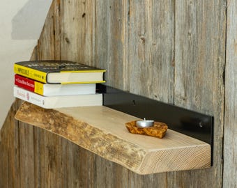 Live Edge Wall Shelf from Solid Wood, Handmade Bookshelf with Black Metal Brackets