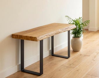 Massivholz Live Edge Bank mit Beleuchtung, handgefertigter Naturkantenhocker, moderne rustikale Möbel