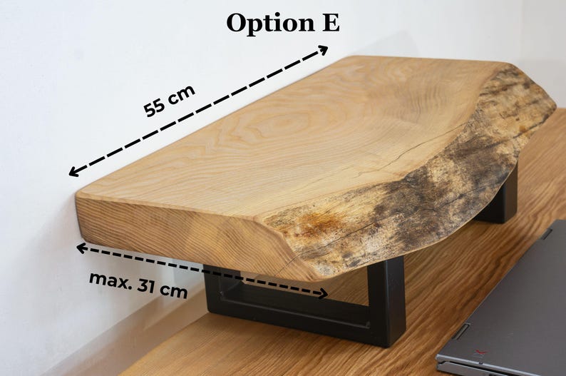 Solid ash wood monitor riser with natural live edge detail, rustic desk shelf for dual monitor setups and modern home office desks.