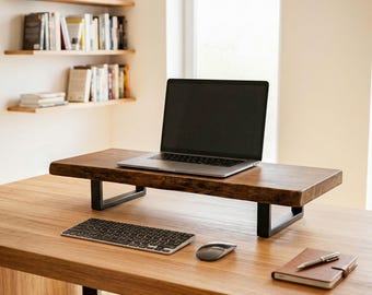 Handmade Live Edge Monitor Stand, Solid Oak and Ash Wood Desk Shelf, Ready to use