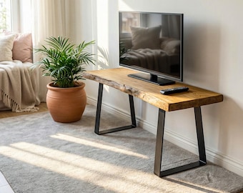 Solid Wood Live Edge TV Stand, Japandi Wabi Sabi Media Shelf, Narrow Rustic Lowboard
