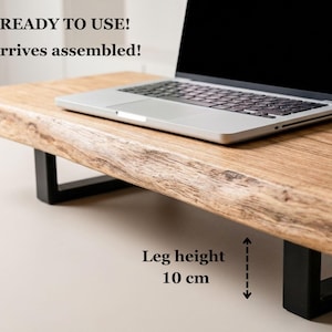 Handcrafted live edge desk shelf made from solid ash wood, wooden monitor riser that elevates laptop screens and creates organized workspace.