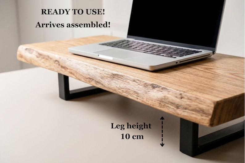 Handcrafted live edge desk shelf made from solid ash wood, wooden monitor riser that elevates laptop screens and creates organized workspace.