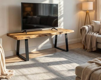 Live Edge Wood Bench or TV Stand – Solid Wood Slab, Rustic Modern Furniture