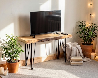 Suporte de TV moderno para sala de estar, prateleira para aparelhos eletrônicos em madeira maciça com borda natural.