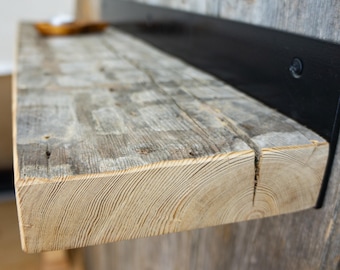 Reclaimed Wall Shelf, Live Edge or Rustic Wood, Handmade Shelves with Black Metal Brackets