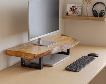 Rustic Wood Monitor Stand, Live Edge Solid Wood Laptop Riser, Natural Desk Organizer, Handmade