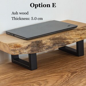 Handcrafted live edge desk shelf made from solid ash wood, wooden monitor riser that elevates laptop screens and creates organized workspace.