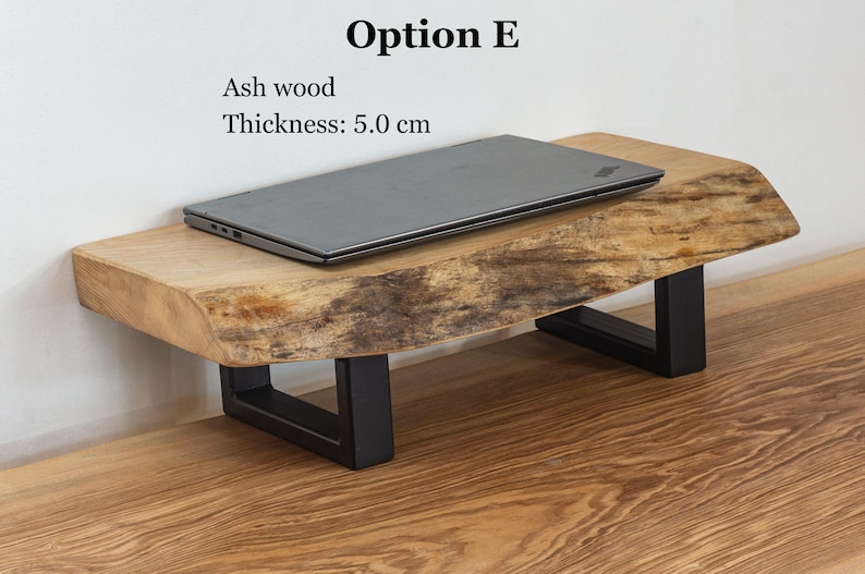 Handcrafted live edge desk shelf made from solid ash wood, wooden monitor riser that elevates laptop screens and creates organized workspace.