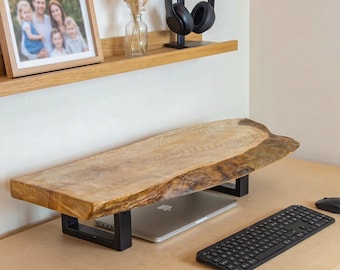 Rustic Wood Monitor Stand, Live Edge Solid Wood Laptop Riser, Natural Desk Organizer, Handmade