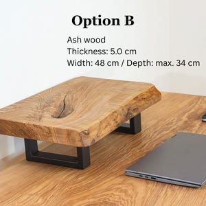 Natural solid wood monitor stand crafted from ash wood with live edge detail, desk shelf designed for ergonomic monitor height and workspace organization.