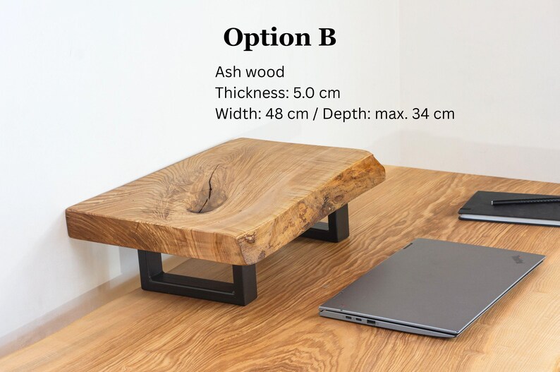 Natural solid wood monitor stand crafted from ash wood with live edge detail, desk shelf designed for ergonomic monitor height and workspace organization.
