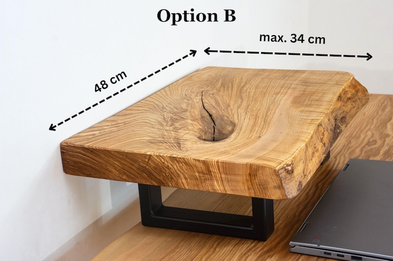 Rustic live edge monitor riser made from solid ash wood slab, wooden desk shelf designed for minimal desk setups and natural office interiors.