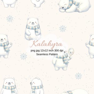 May include: A seamless pattern of white polar bears wearing blue and white striped scarves, with snowflakes and the text "Kalahyra". The bears are depicted in different poses, set against a light beige backdrop. The pattern is 30.48 cm x 45.72 cm.