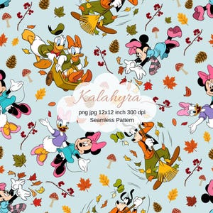 May include: A seamless pattern on a light blue background featuring Disney characters like Mickey, Minnie, Donald, Daisy, and Goofy playing in autumn leaves. Includes pinecones, red berries, mushrooms, and maple leaves. Text reads Kalahyra png jpg 12x12 inch 300 dpi Seamless Pattern.